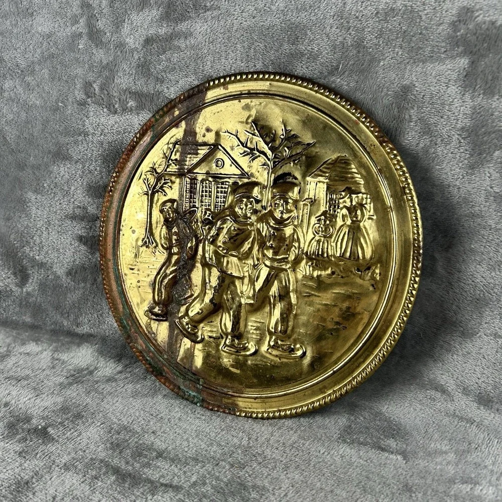 Vintage‎ Elpec Brass Wall Plaque Art Dutch Winter Scene Made In England Patina